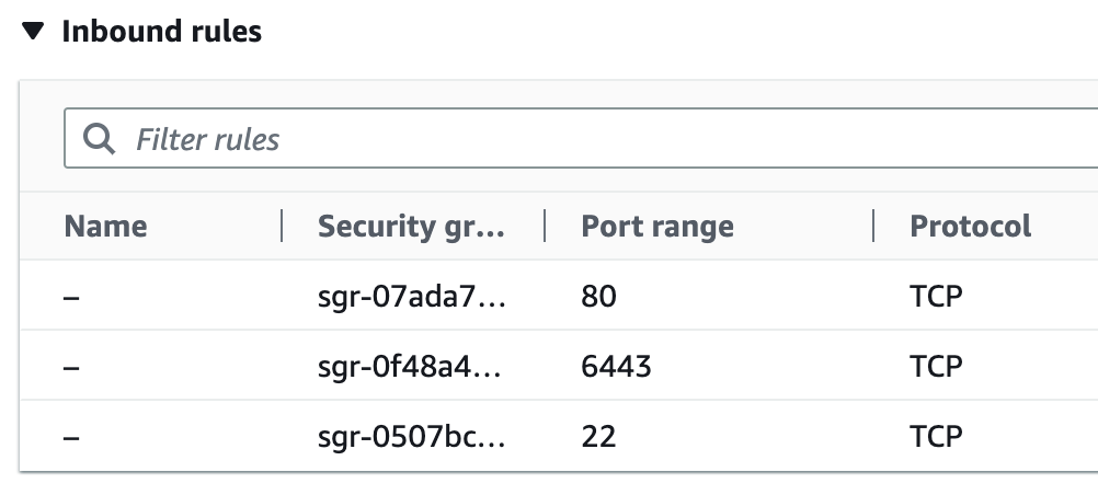 Ensure that the Security Group allows TCP traffic from ports 22, 80, 6443.