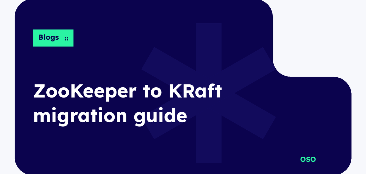 OSO guide to migrating Apache Kafka from ZooKeeper to KRaft in five phases, with white title text on a navy panel and a lime Blogs label.