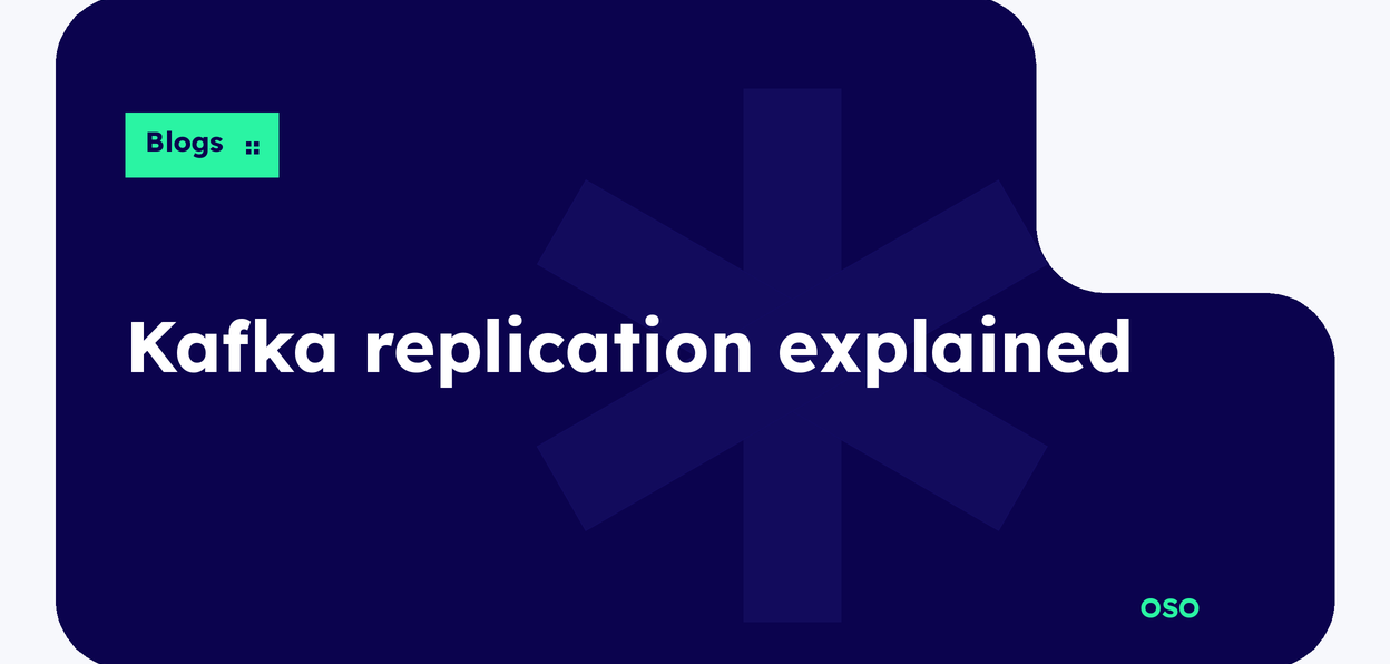OSO explainer on Kafka replication, ISR and min.insync.replicas, with white title text on a navy panel and a lime Blogs label.