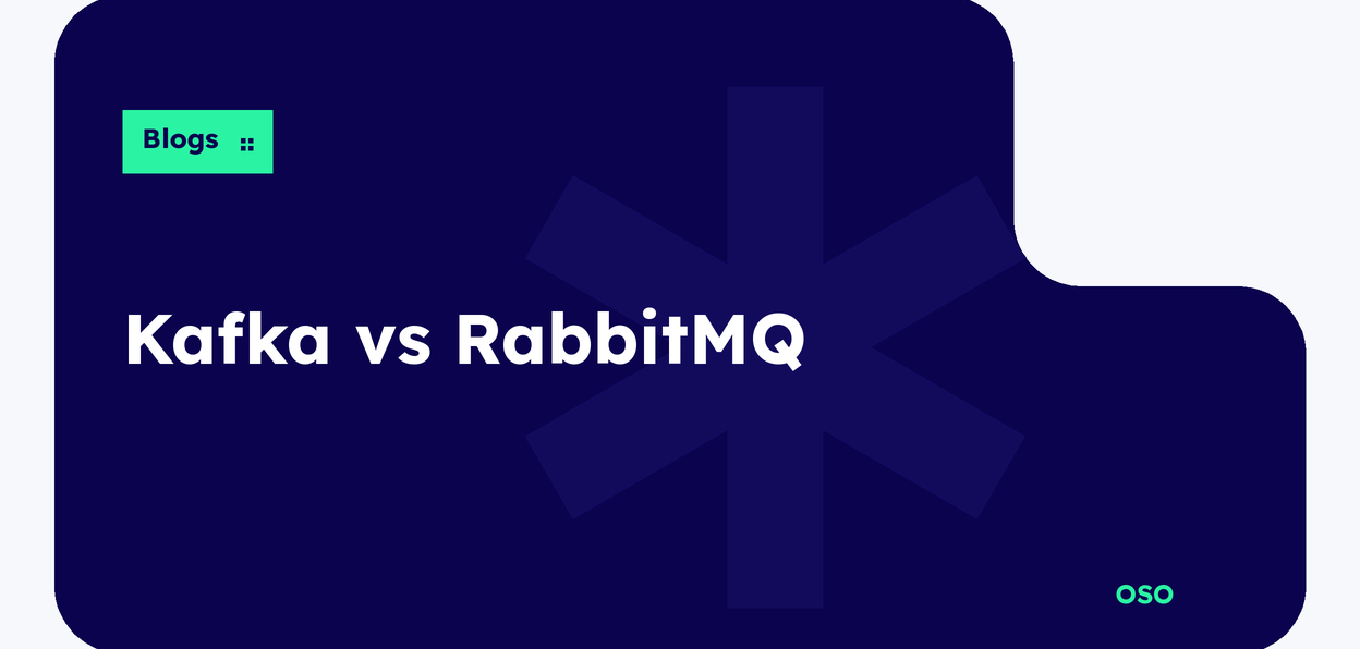 OSO comparison of Apache Kafka and RabbitMQ, with white title text on a navy panel and a lime Blogs label.